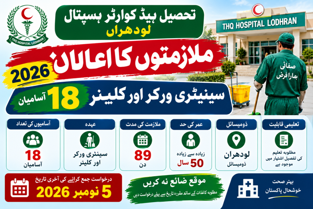 THQ Hospital Lodhran Jobs 2026 advertisement for 18 sanitary worker and cleaner vacancies.