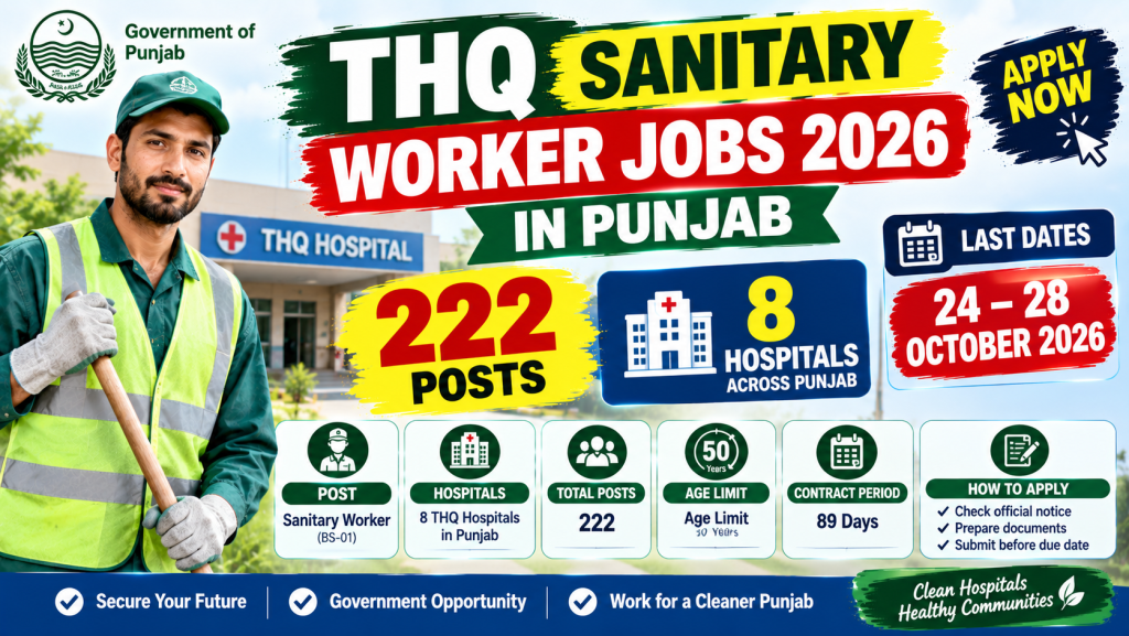 THQ Sanitary Worker Jobs 2026 in Punjab featuring 222 reported vacancies across 8 THQ hospitals, with age limit, contract period, and application details.