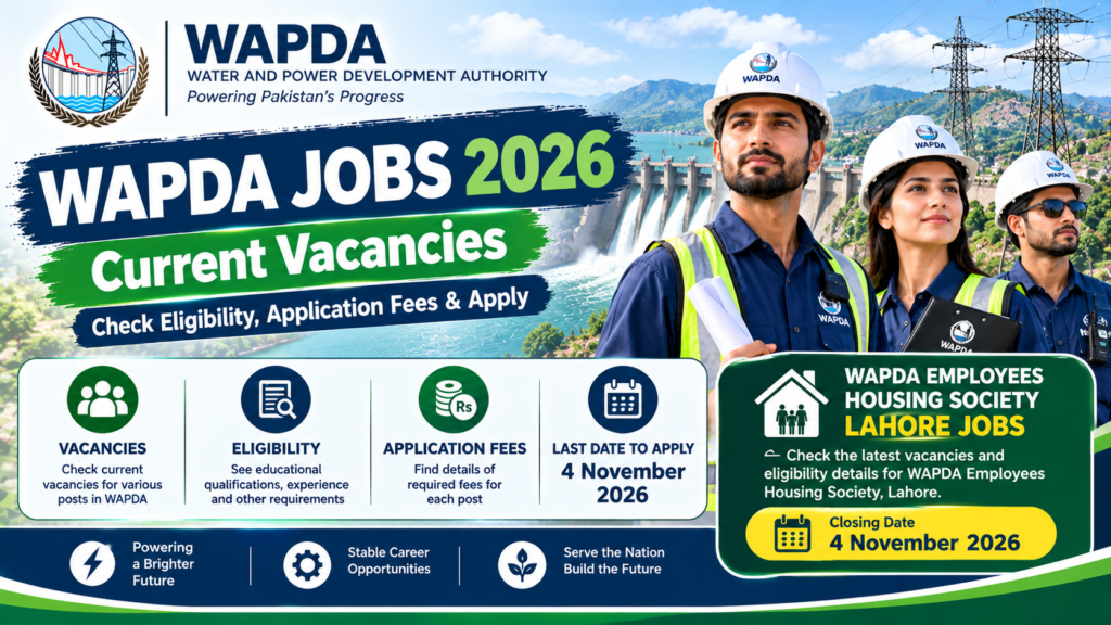 WAPDA Jobs 2026 thumbnail showing engineers at a hydroelectric dam with current vacancies, eligibility criteria, application fees, and deadline information.